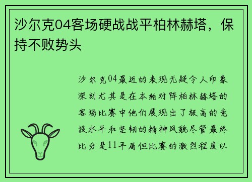 沙尔克04客场硬战战平柏林赫塔，保持不败势头